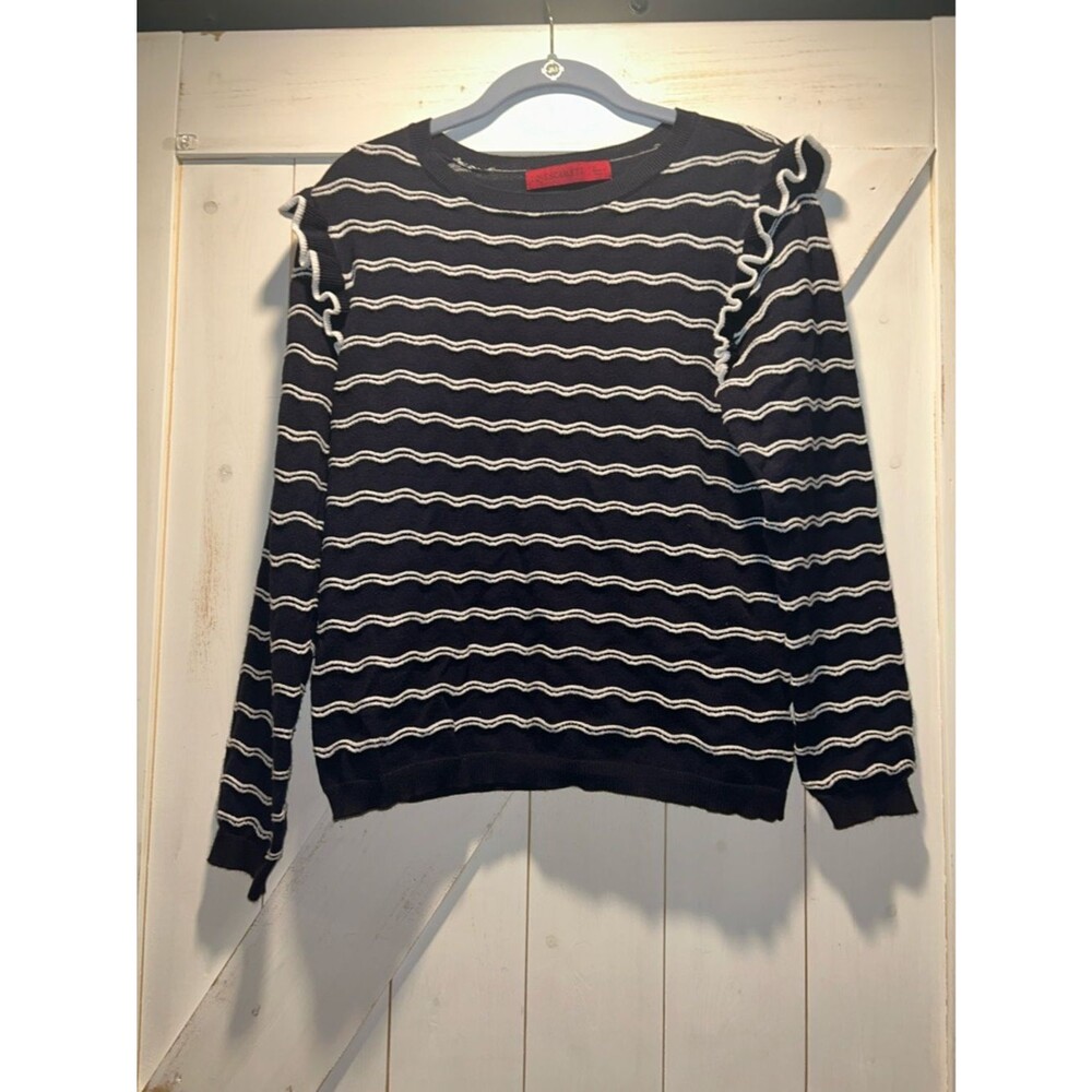 LOVE SCARLETT Navy Sweater White Wave Stripes Shoulder Ruffles Medium